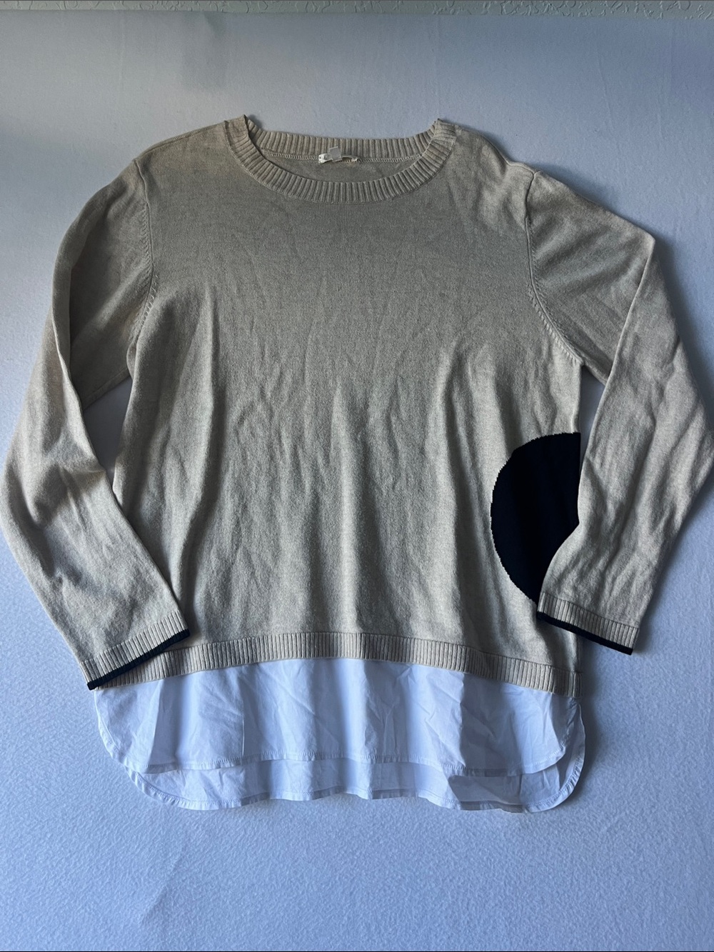 Lisa Todd Cream Scoopneck Sweater with Black Accents and White Shirt Hem